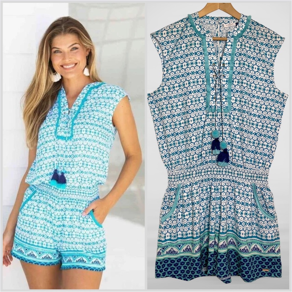 Cabana Life Aruba Blues Tassel Fringe Romper UPF 50+ Size L